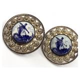 835 Silver Dutch Porcelain Windmill Earrings