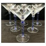 6 Blue Swirl Stem Art Glass Martini Glasses