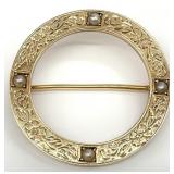 10K Gold & Seed Pearl Round Brooch