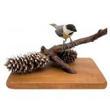 Signed Carved Wood Decoy Chickadee Bird on Branch