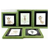 5 Original Giraffe Watercolor Drawings, Framed