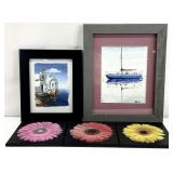 2 Original Paintings & 3 Floral Wall Plaques