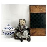 Antique Wood Game Board, Doll & Pottery
