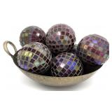 Asian Hammered Brass Bowl, Mosaic Decorative Balls