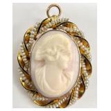 10K Gold Cameo & Seed Pearl Pendant Brooch