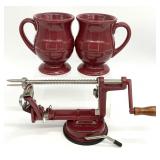 Apple Peeler & 2 Longaberger Mugs