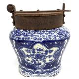 Antique Mexican Talavera Chocolate Jar w/ Iron Lid