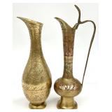 2 Vintage Etched Brass Ewer Bud Vases