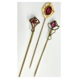 3 Antique 9K?/10K? Gold Red Stone Stick Pins