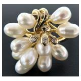 14K Gold, Pearl & Diamond Cluster Ring, Sz 8