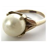 10K Gold & Faux Pearl Solitaire Ring, Sz 5