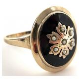 10K Gold Black Onyx & Pearl Floral Ring, Sz 6