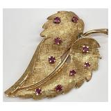 14K Gold & Ruby Gemstone Leaf Brooch