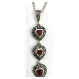 Sterling Silver 3 Red Stone Heart Pendant Necklace