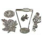 5 Vintage Sterling Silver Brooches & Tie Bar