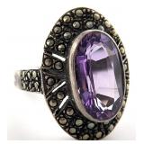 Sterling Silver, Purple Stone & Marcasite Ring