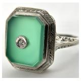 14K White Gold Chrysoprase Diamond Ring, Sz 6.5