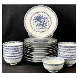 24pc Chinese Blue & White Dragon Rice China Dishes