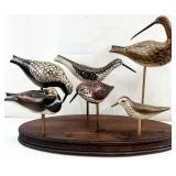 6 Wooden Shorebird Decoys on Stand