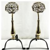 Reticulated Brass Thistle Motif Fireplace Andirons