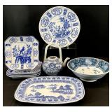 8pc Asian Blue & White Dishes & Small Teapot
