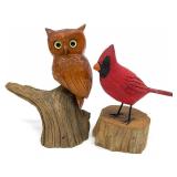 Carved Wood Cardinal & Owl Figures
