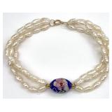 14K Gold, Cloisonne Bead & Pearl Bracelet