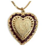Signed 14K Gold & Garnet Heart Locket & Necklace