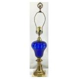 Cobalt Blue Glass, Brass & Marble Base Lamp