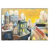 Mid Century Abstract Style Cityscape Oil Painting