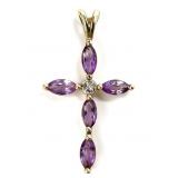 10K Gold, Amethyst & Diamond Cross Pendant