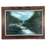 Vintage Original Mountain River Scene Oil Painting