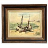 Vintage Signed Seascape w/ Old Sailboats Oil