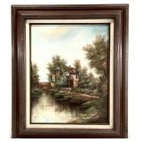 Vintage Cottage Landscape Oil Painting, Signed