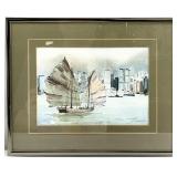 Signed Chinese Boat Cityscape Watercolor Painting