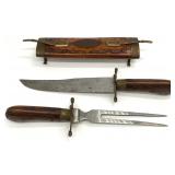 Carving Knife & Fork, Carved Wood & Brass Sheath
