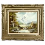 Signed Mountain River Scene Oil Painting