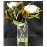Faux Magnolias in Glass Vase Floral Arrangement