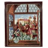 Vintage Arched Window Town View Needlepoint Art