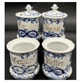 4 Vintage Blue & White Spice Jars