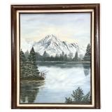 Vintage Mountain River Landscape Oil Painting,