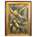 Large Mid Century Rooster Fight Oil Painting,