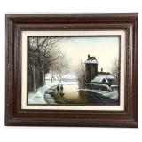 Signed European Town Scene Oil Painting