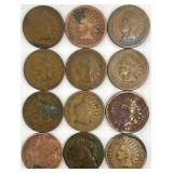 12 US Indian Head Pennies 1863-1897