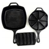 3 Lodge Cast Iron Square Griddle & Cornbread Pans