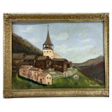 Mountain Village Painting, Antique Gilded Frame