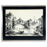 Vintage Venetian Canal Scene Charcoal Drawing