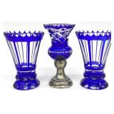 3 Vintage Blue Cut to Clear Glass Vases