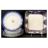 7pc Antique Flow Blue Plates & Square Plate