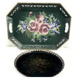 2pc Vintage Hand Painted Tole Metal Trays